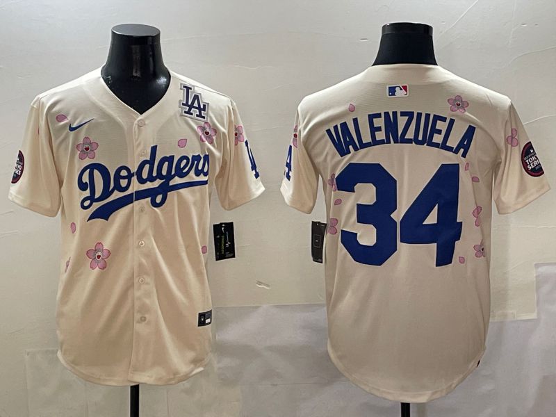 Men Los Angeles Dodgers #34 Valenzuela Cream White Blue Sakura Edition 2025 Nike MLB Jersey style 9->los angeles dodgers->MLB Jersey